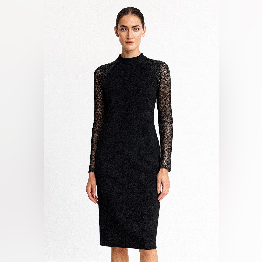 Cynthia Steffe Black cocktail dress lace sleeves hidden zipper